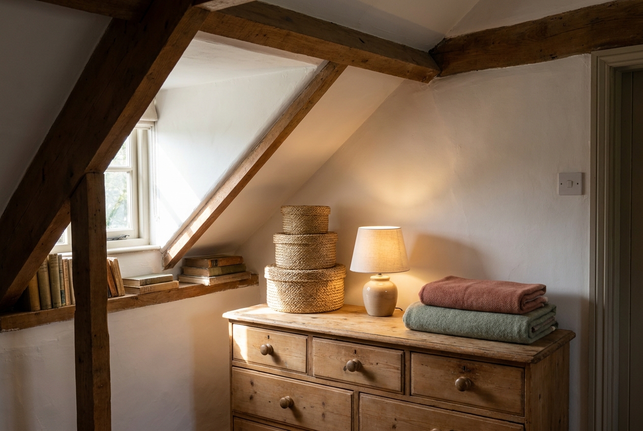 Lage houten kast onder een schuin dak met manden en een lampje