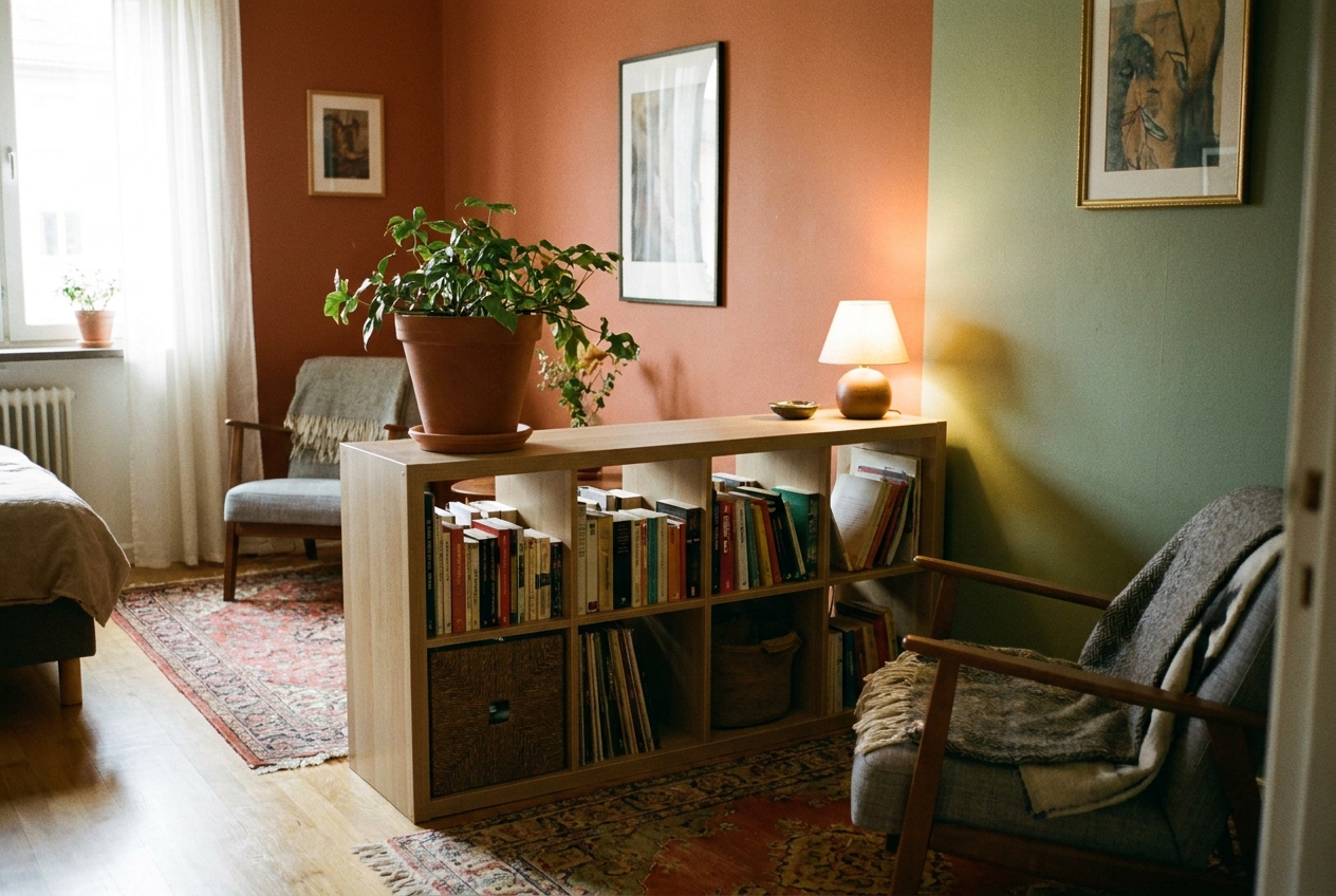 Lage vakkenkast als roomdivider in een kleine studio