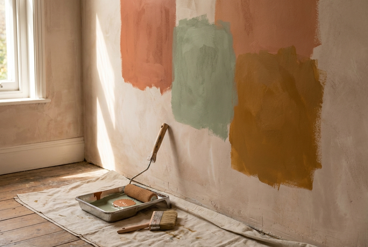 Verf-testvlakken in terracotta, saliegroen en oker op de muur