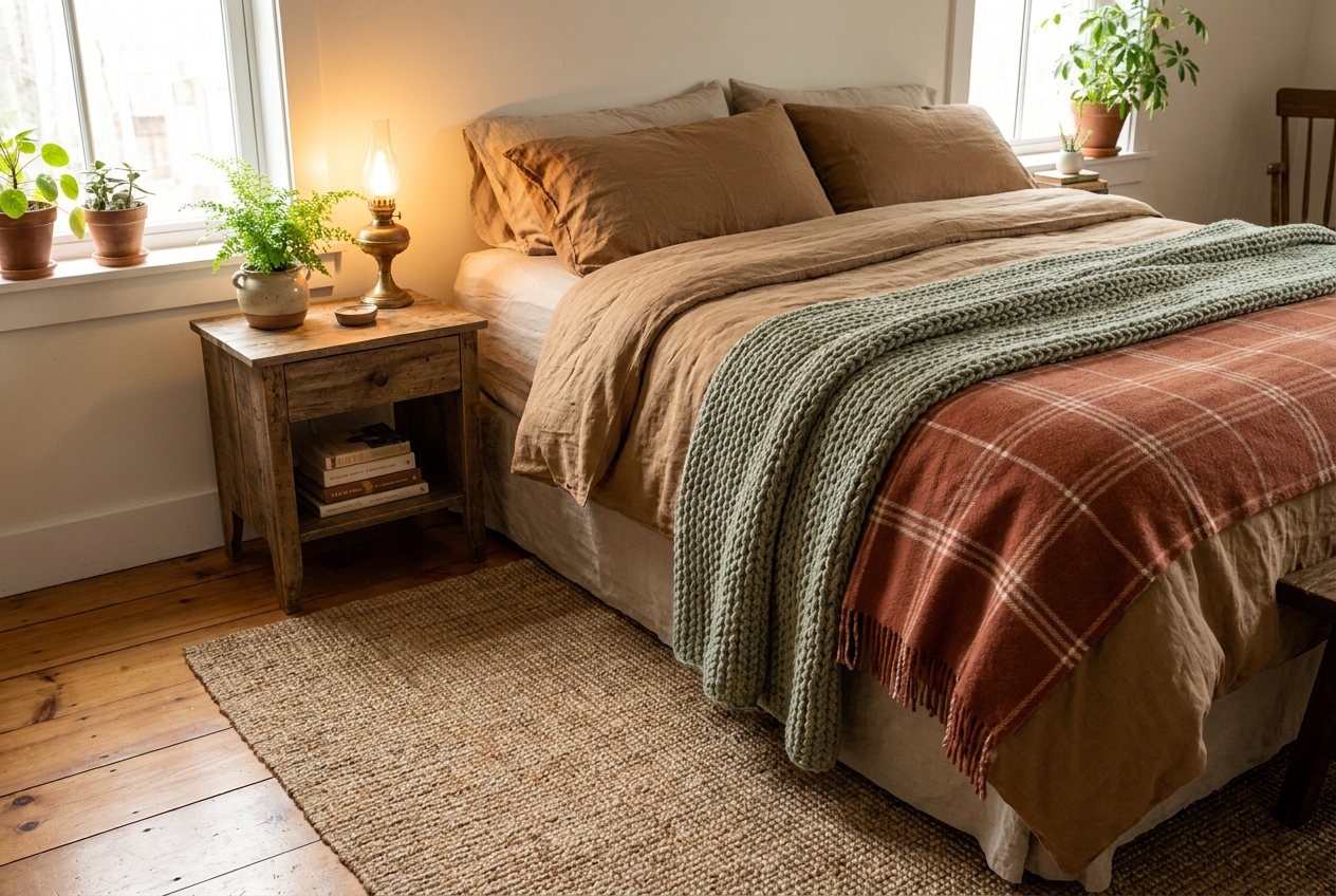Slaapkamer met plaid, kussens en een klein nachtlampje