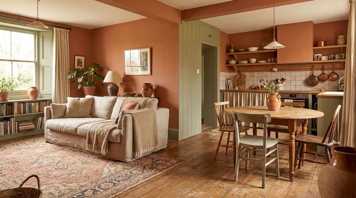 Vierkante woonkamer met open keuken en een zithoek op een kleed