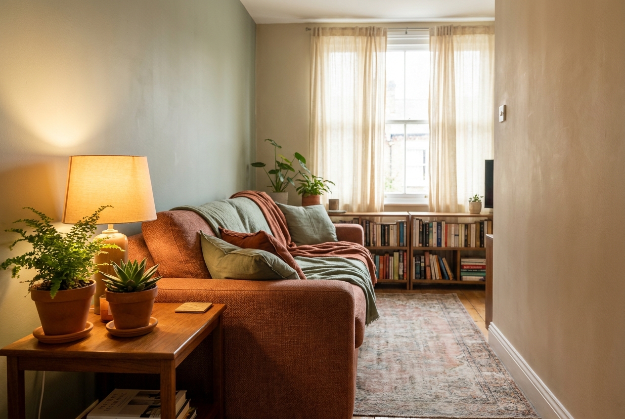 Bank van achteren als scheiding in een smalle woonkamer met plant en lamp