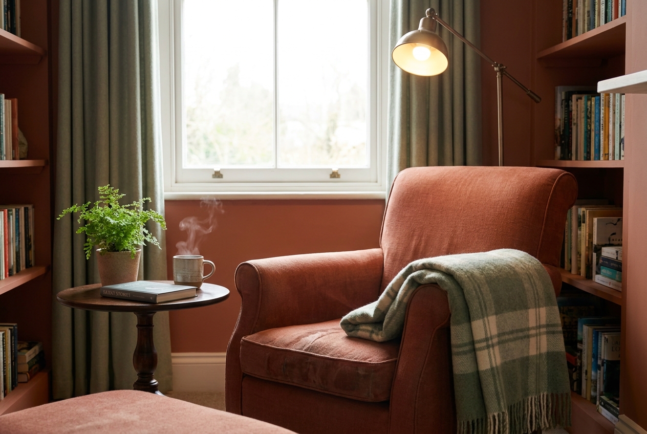 Leeshoek met fauteuil, plaid, thee en een boek op een bijzettafeltje
