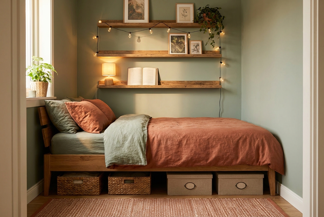 Fotoplankjes boven het bed met een boek en lampje in een kleine slaapkamer