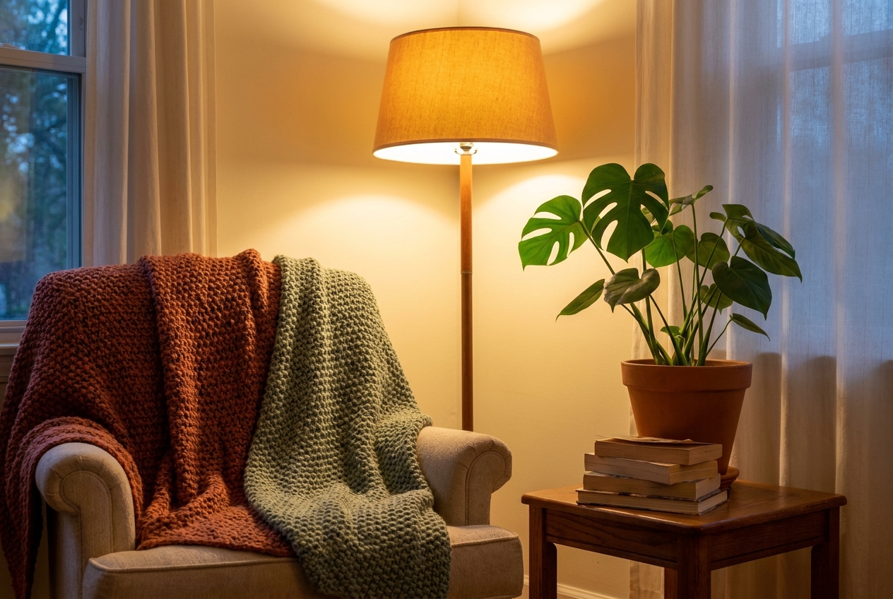 Warme leeshoek met fauteuil, lamp en plant