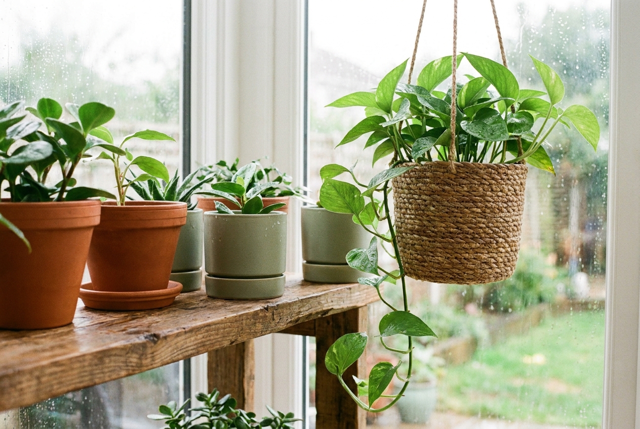 Kamerplanten op een houten plank en een hangplant in een geweven mand