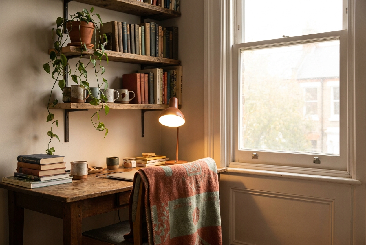Bureau bij het raam met wandplanken erboven in een kleine kamer