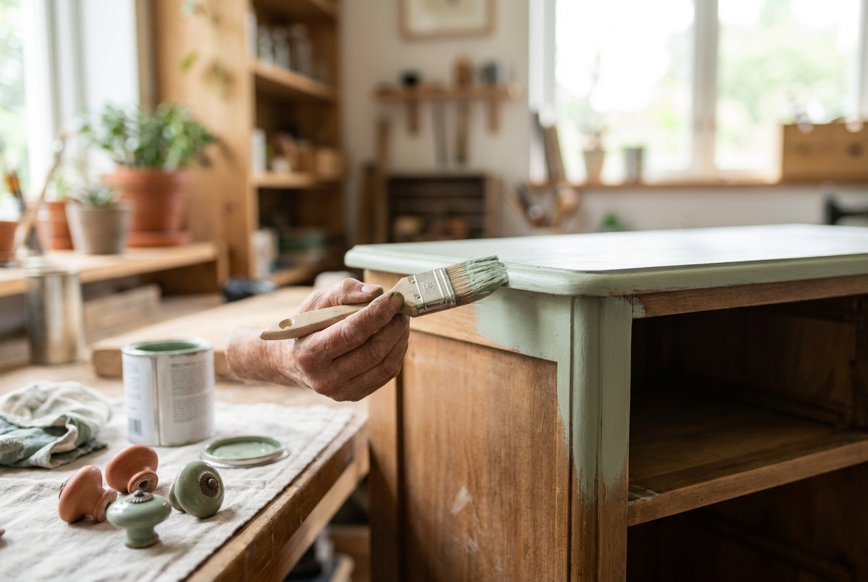 Handen die een oude houten ladekast opknappen met krijtverf